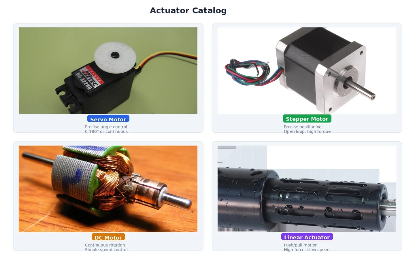 Four real robot actuators: Hitec servo motor, NEMA 17 stepper motor, DC motor rotor, and underwater linear actuator