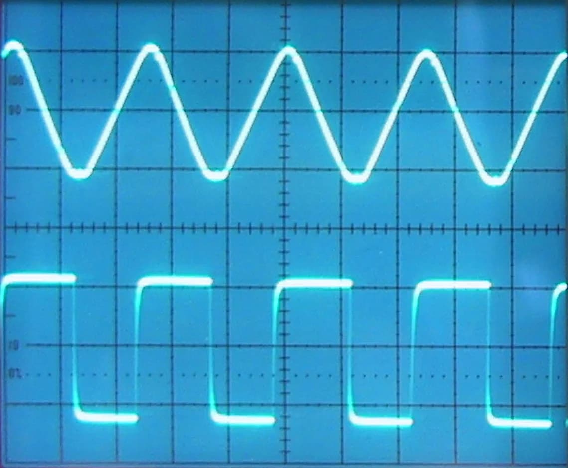 Oscilloscope screen showing a triangular analog waveform alongside a square digital signal