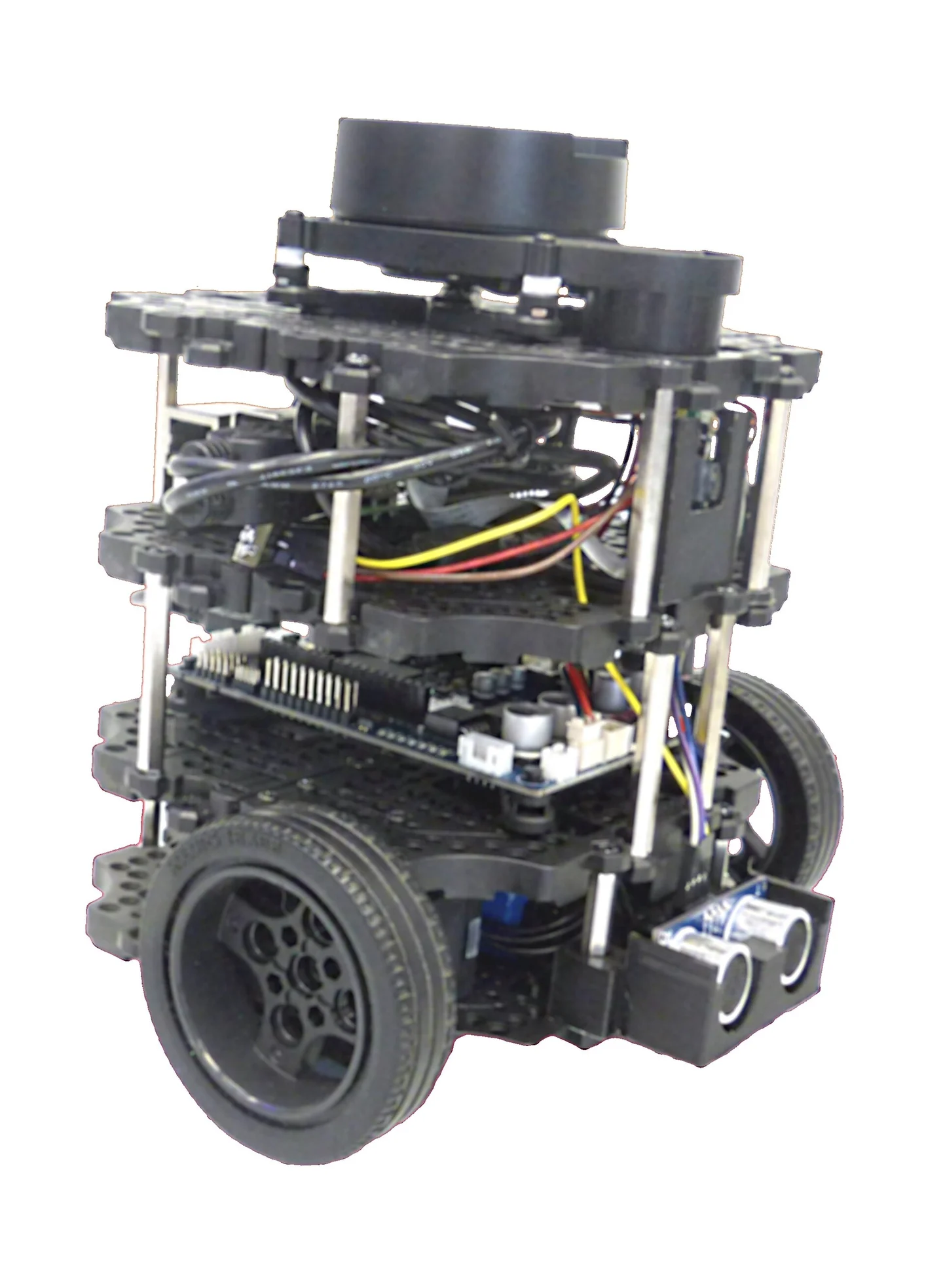 TurtleBot 3 Burger robot showing its sensors, computer board, motors, and battery