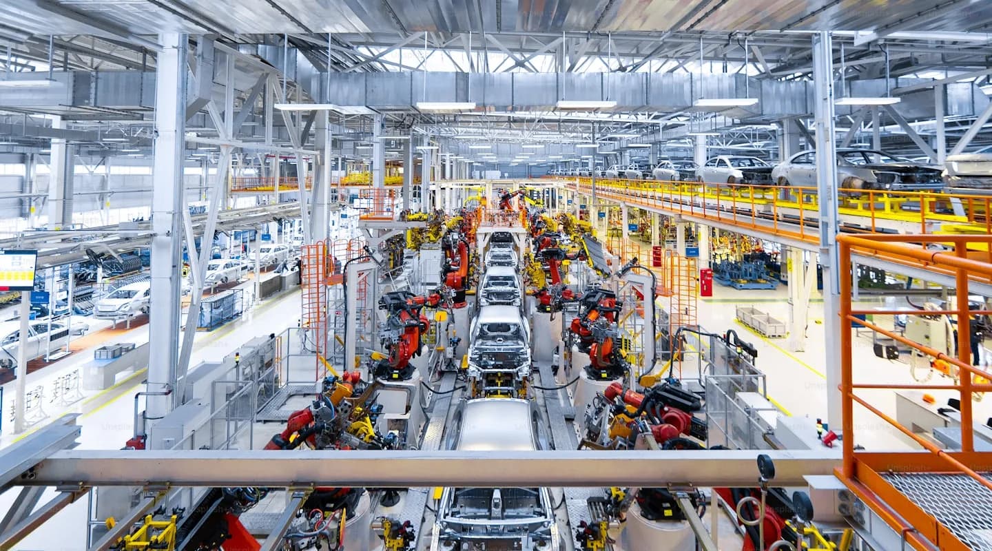 Industrial robot arms welding car frames on an automated assembly line in a factory