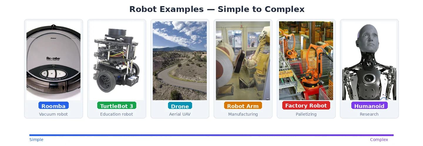 Six real robots from simple to complex: Roomba, TurtleBot 3, DJI drone, robot arm, factory robot, and Ameca humanoid