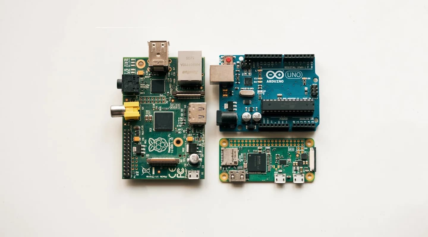 Raspberry Pi, Arduino Uno, and Raspberry Pi Zero side by side — common robot computing boards