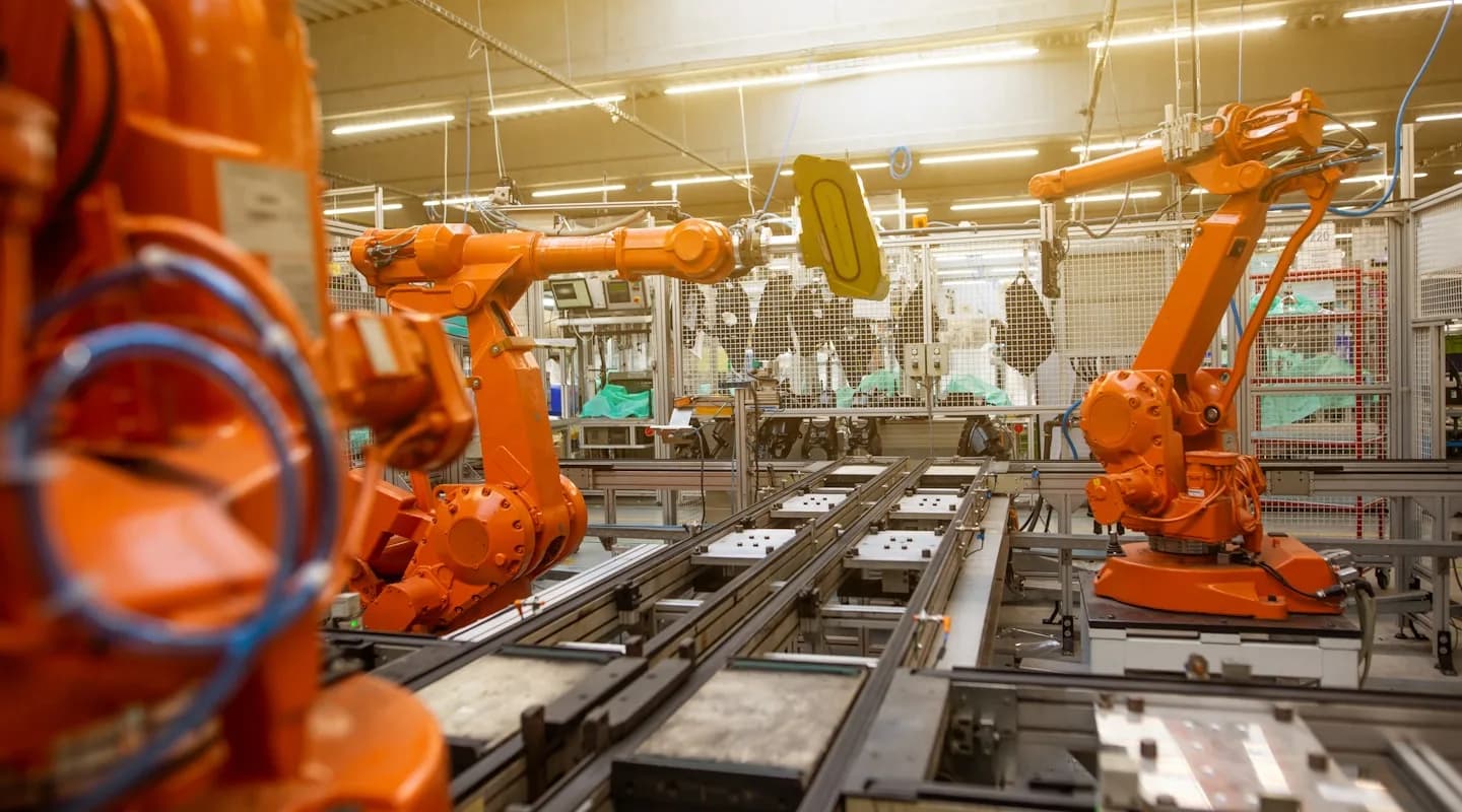 Orange industrial robot arms on an automotive assembly line — each arm joint defines its own coordinate frame