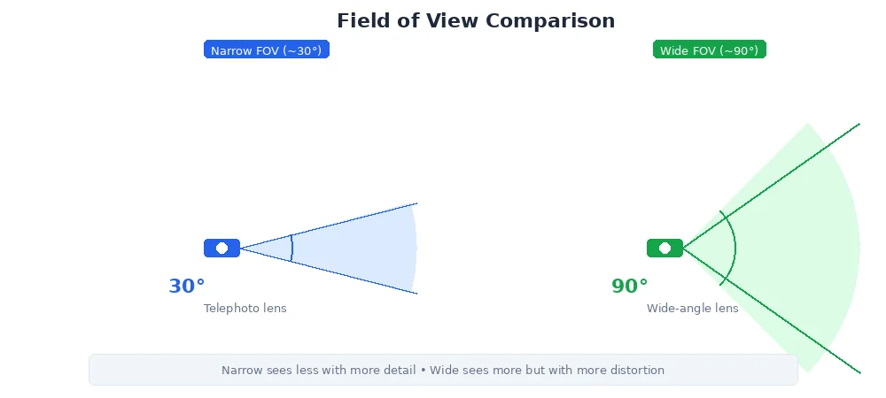 Field of view comparison — narrow telephoto lens vs wide-angle lens showing coverage angles