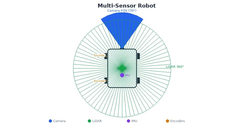 Multi-sensor robot — top-down view showing camera FOV, LiDAR scan, IMU, and wheel encoders