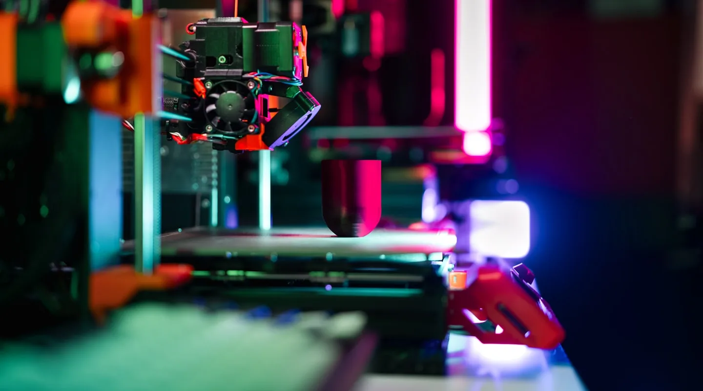 Close-up of a 3D printer showing stepper motors and the extruder nozzle with colorful lighting