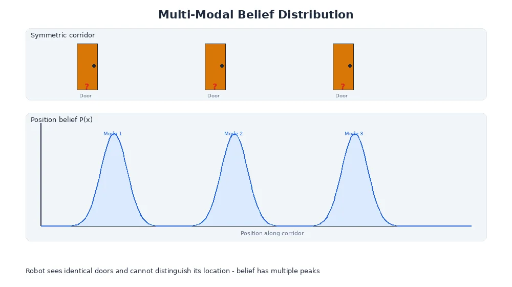 Multi-modal belief distribution — showing particle clusters at multiple possible positions that converge as the robot observes more landmarks