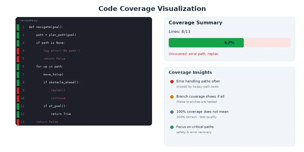Code coverage heatmap — showing which modules are well-tested (green) versus poorly tested (red)