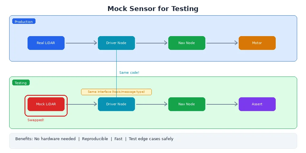 Mock sensor architecture — showing how mock objects replace real hardware interfaces during testing